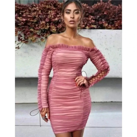NWT Miss Circle NY Womens Pink Off The Shoulder Ruched Midi Bodycon Dres… - Picture 1 of 15